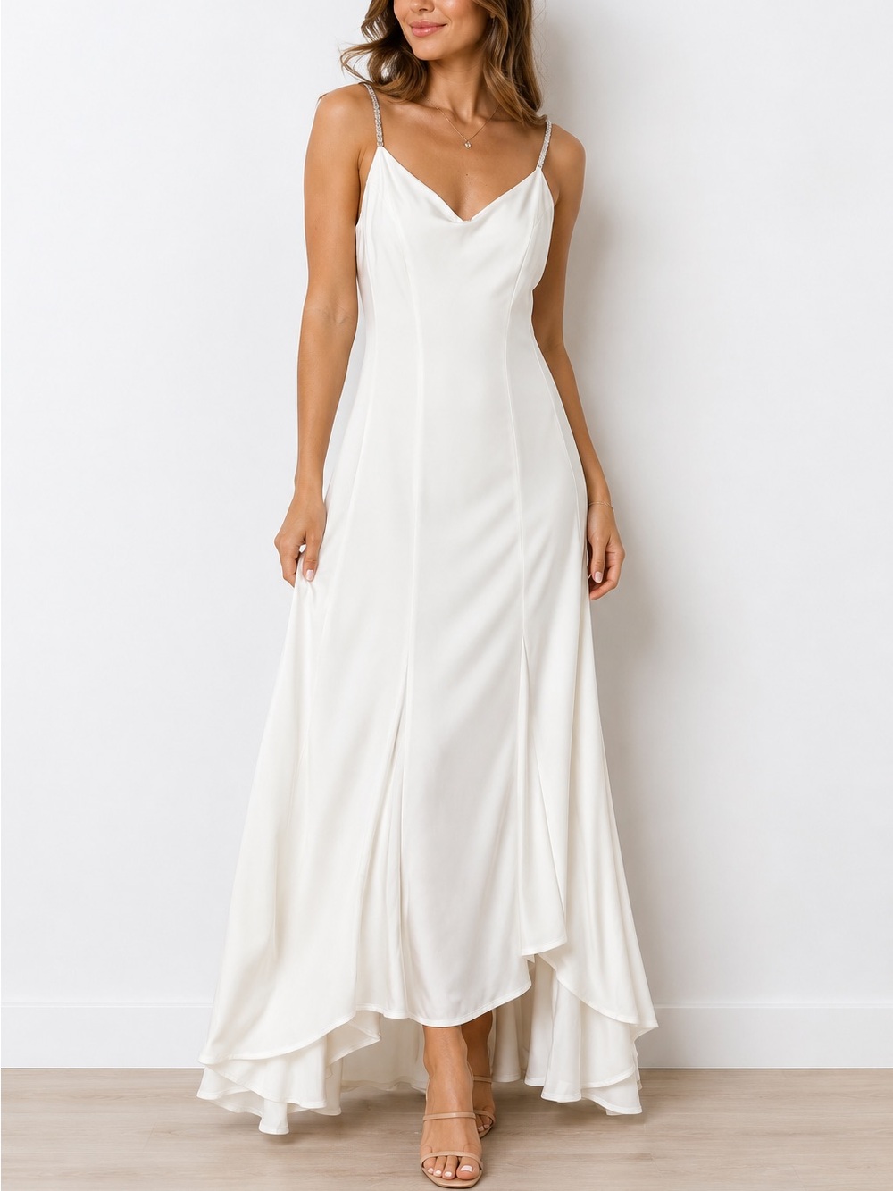 Xscape White Rhinestone Strap Maxi Gown Size 8 Formal Evening Dress